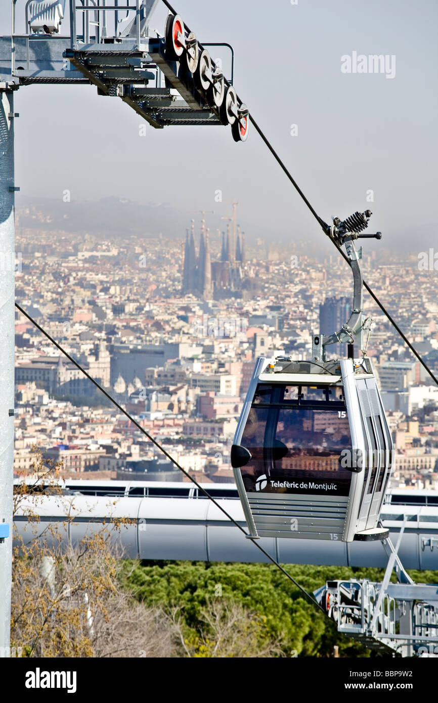 montjuic cable car and barcelona with sagrada familia behind Stock ...