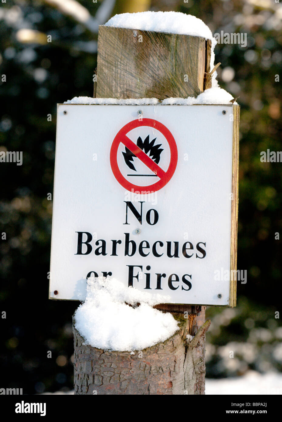 Snow covered sign prohibiting Barbecues or fires Stock Photo