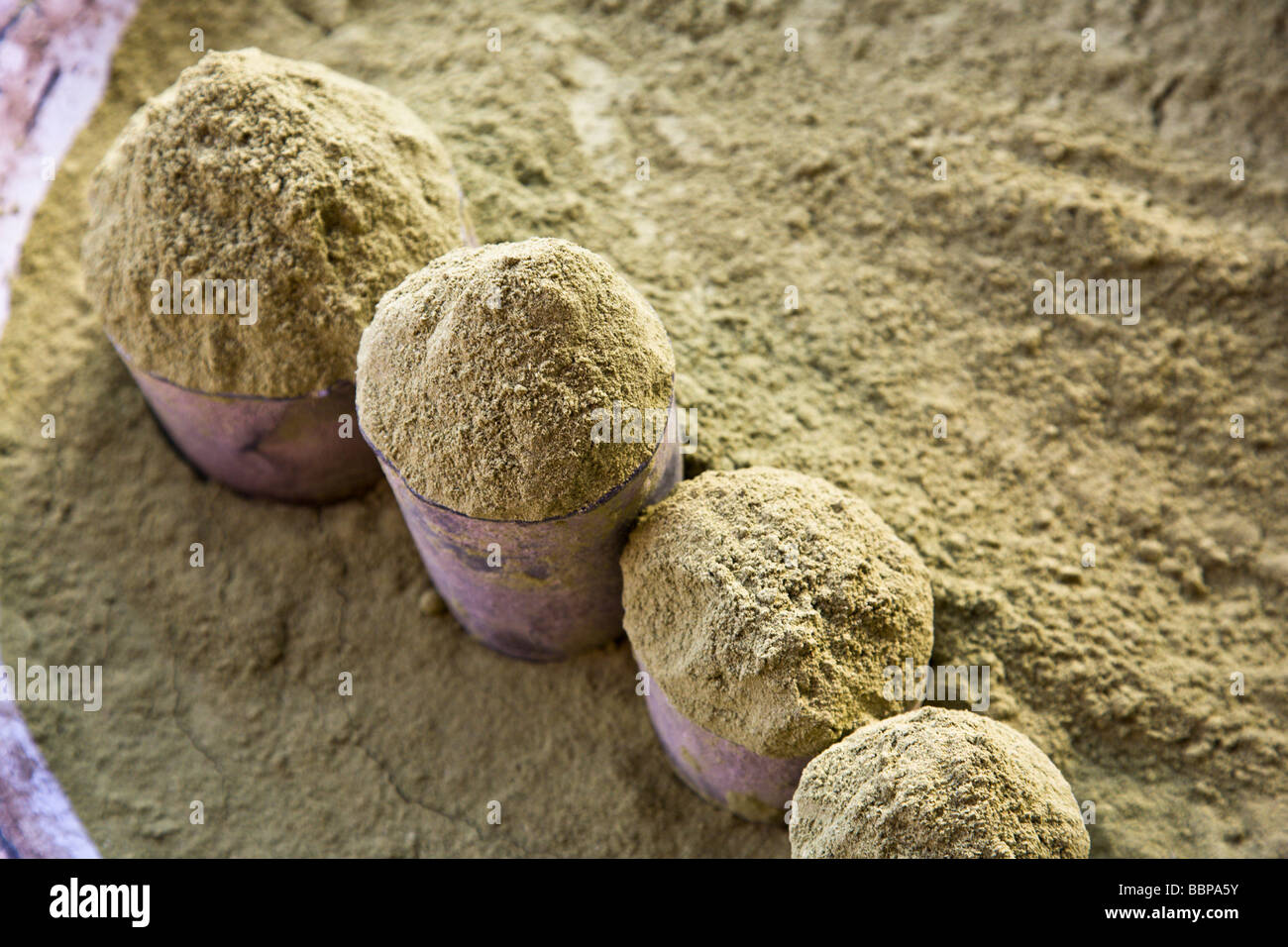 Henna powder is on sale at the HLM Market in Dakar, Senegal. Stock Photo