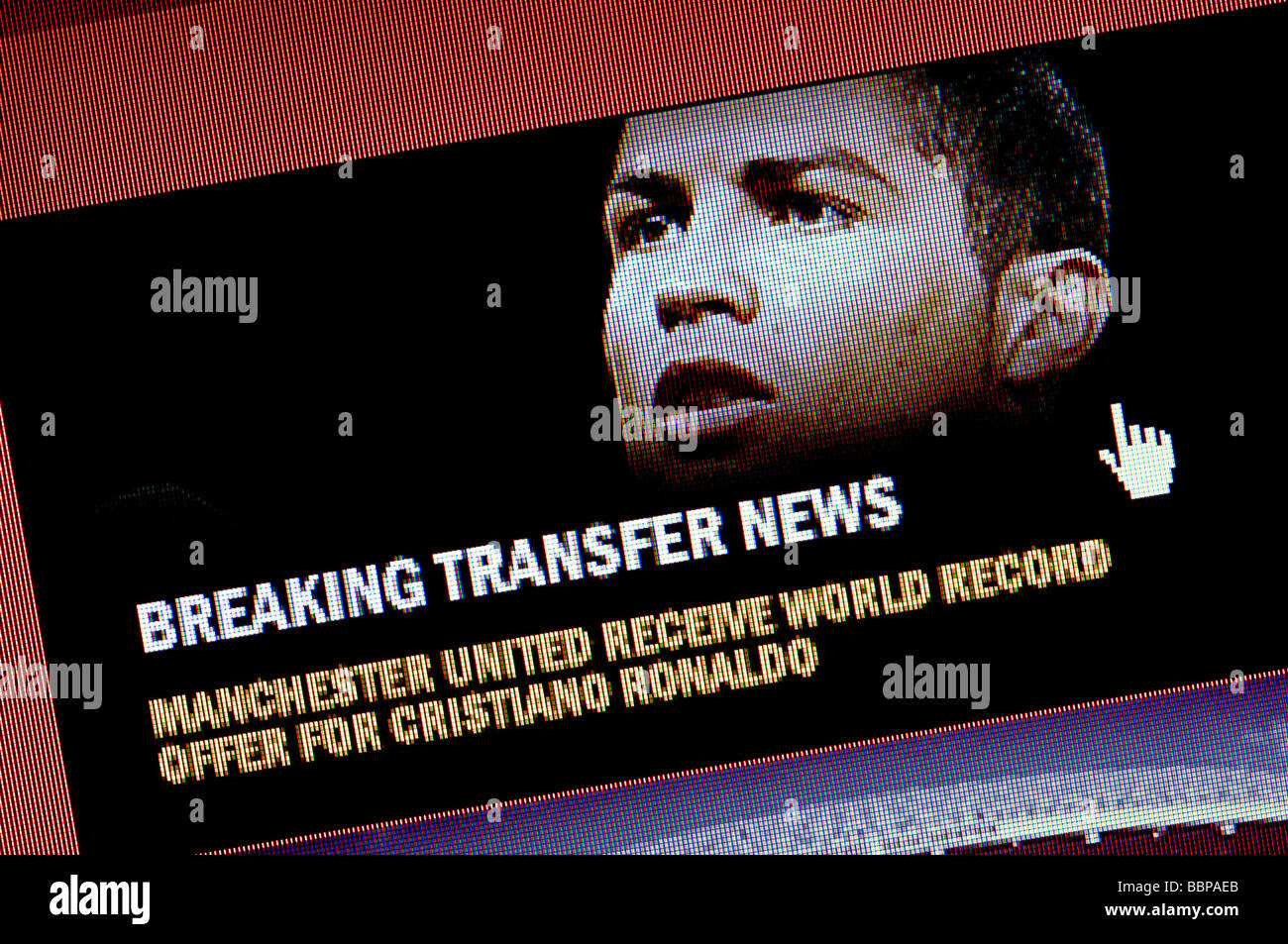 Manchester United's official website breaks the news that the club has received an £80 million bid for Cristiano Ronaldo Stock Photo