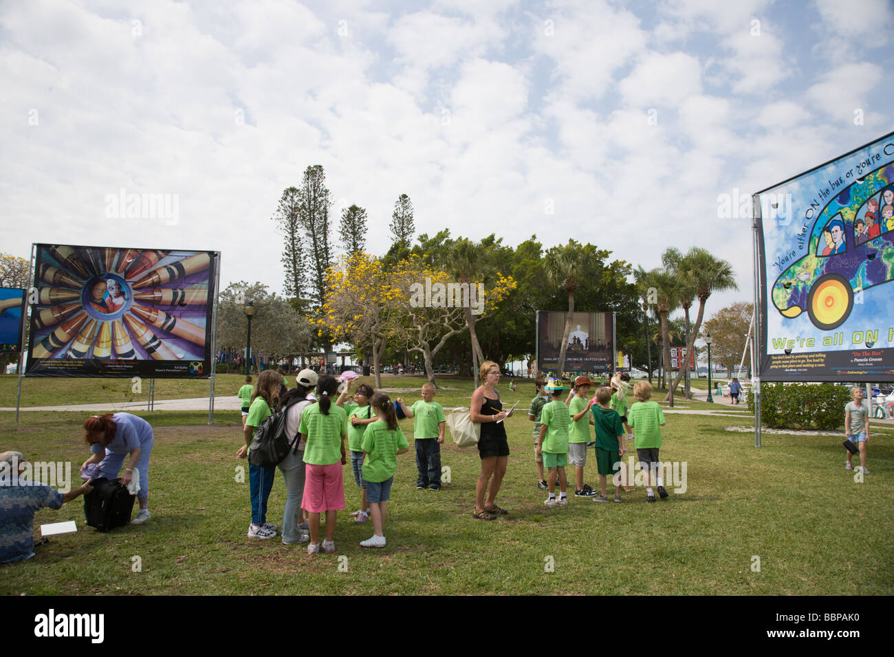 In 2009, the Sarasota Bayfront Park in Sarasota, Florida, hosted the 'Embracing Our Differences' outdoor billboard art exhibit. Stock Photo