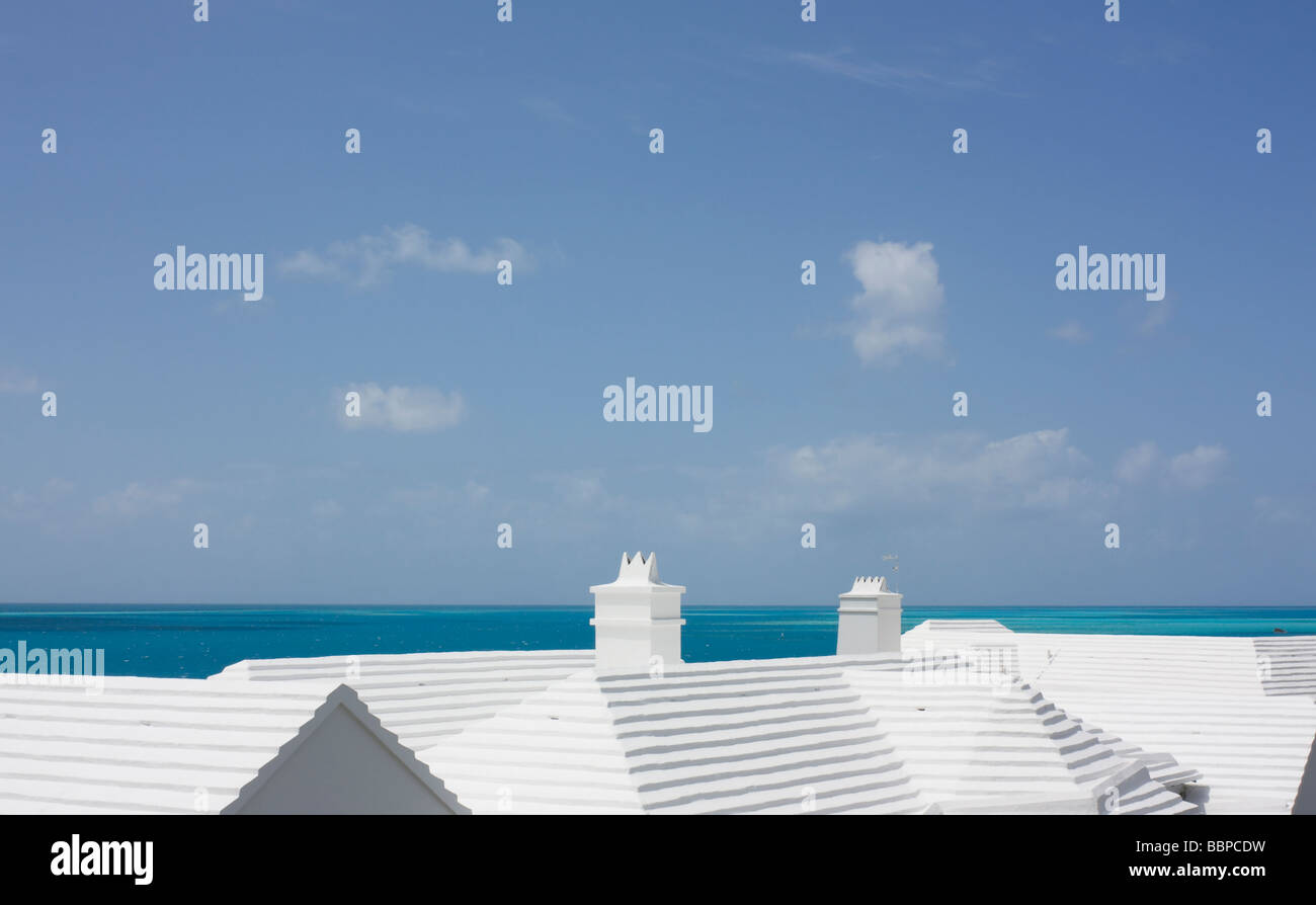 White roofs in Bermuda against turquoise sea Stock Photo