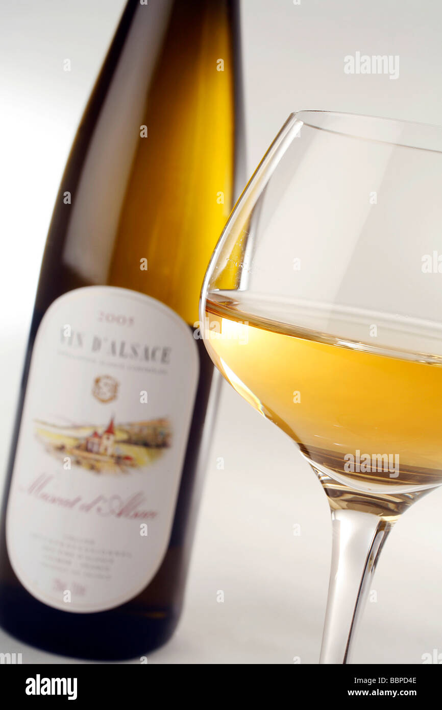 Glasses bottles alsatian muscat alsatian hi-res stock photography and