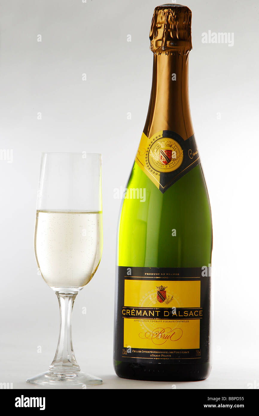 GLASS AND BOTTLE OF ALSATIAN CREMANT SPARKLING WINE, ALSATIAN WINE