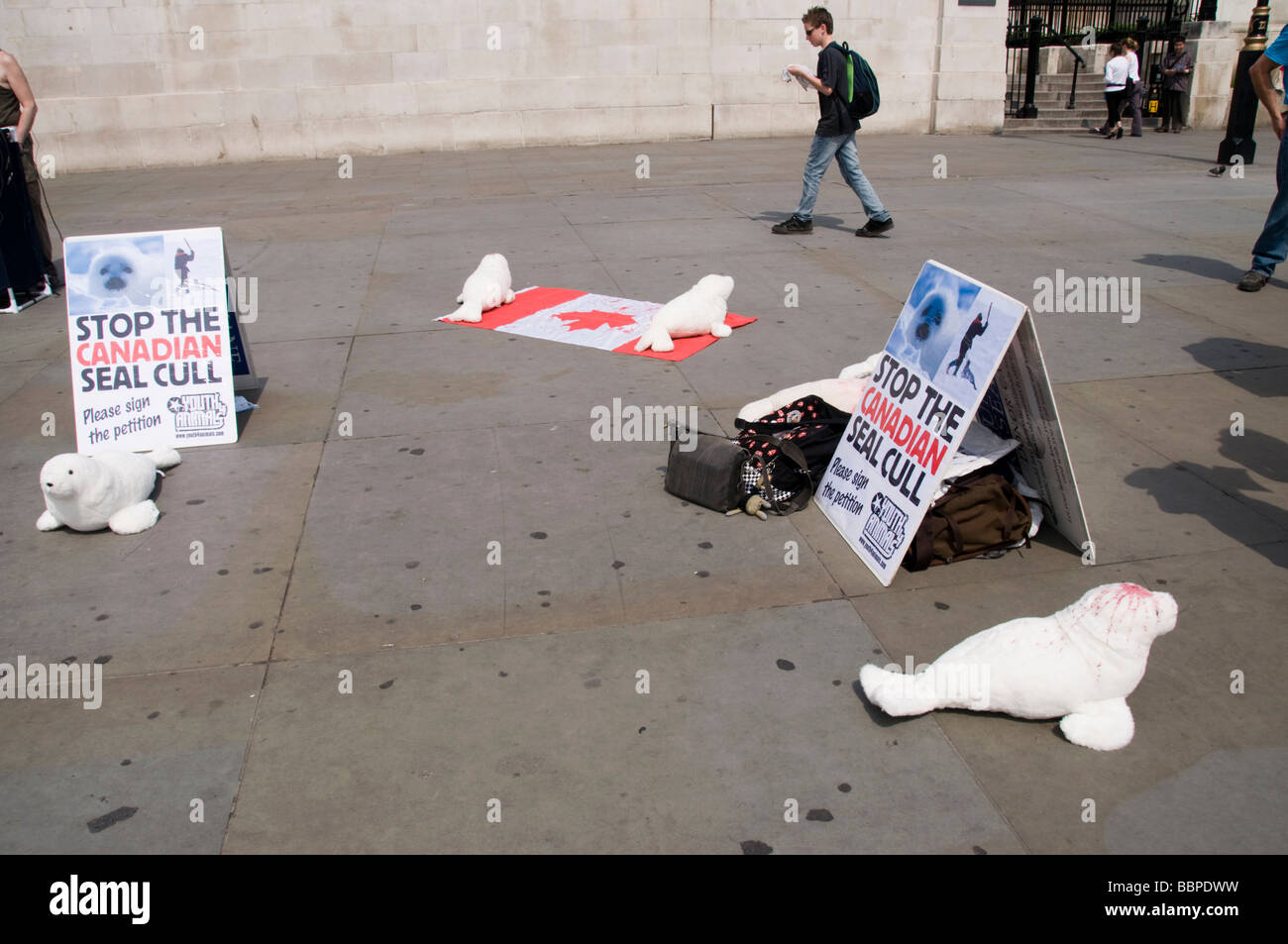 Protest in Trafalgar Square calls for a stop on the Canadian Seal Cull - seals on bloody flag Stock Photo