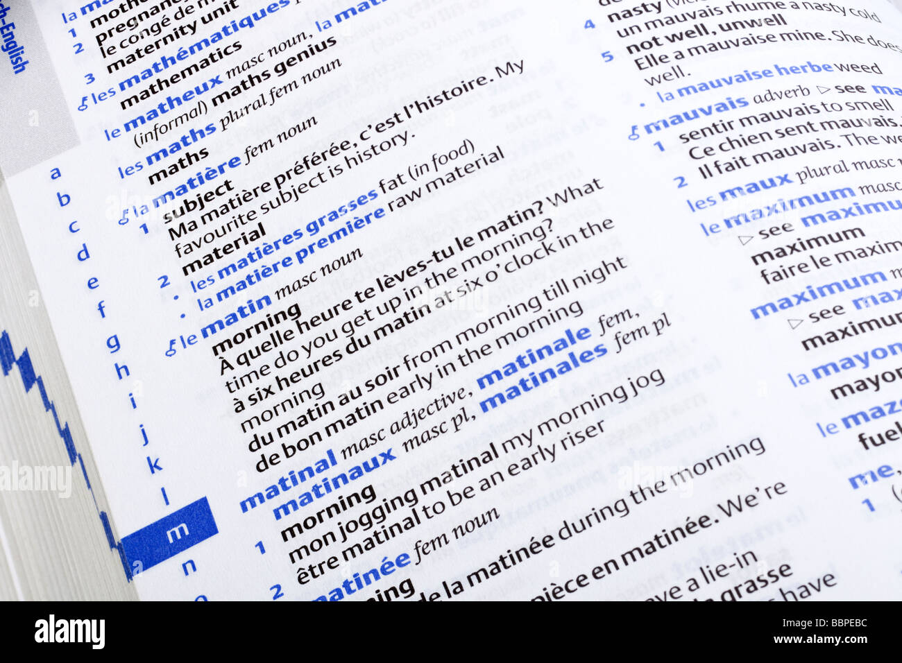 Close up of the pages of a French language to English dictionary close up Stock Photo