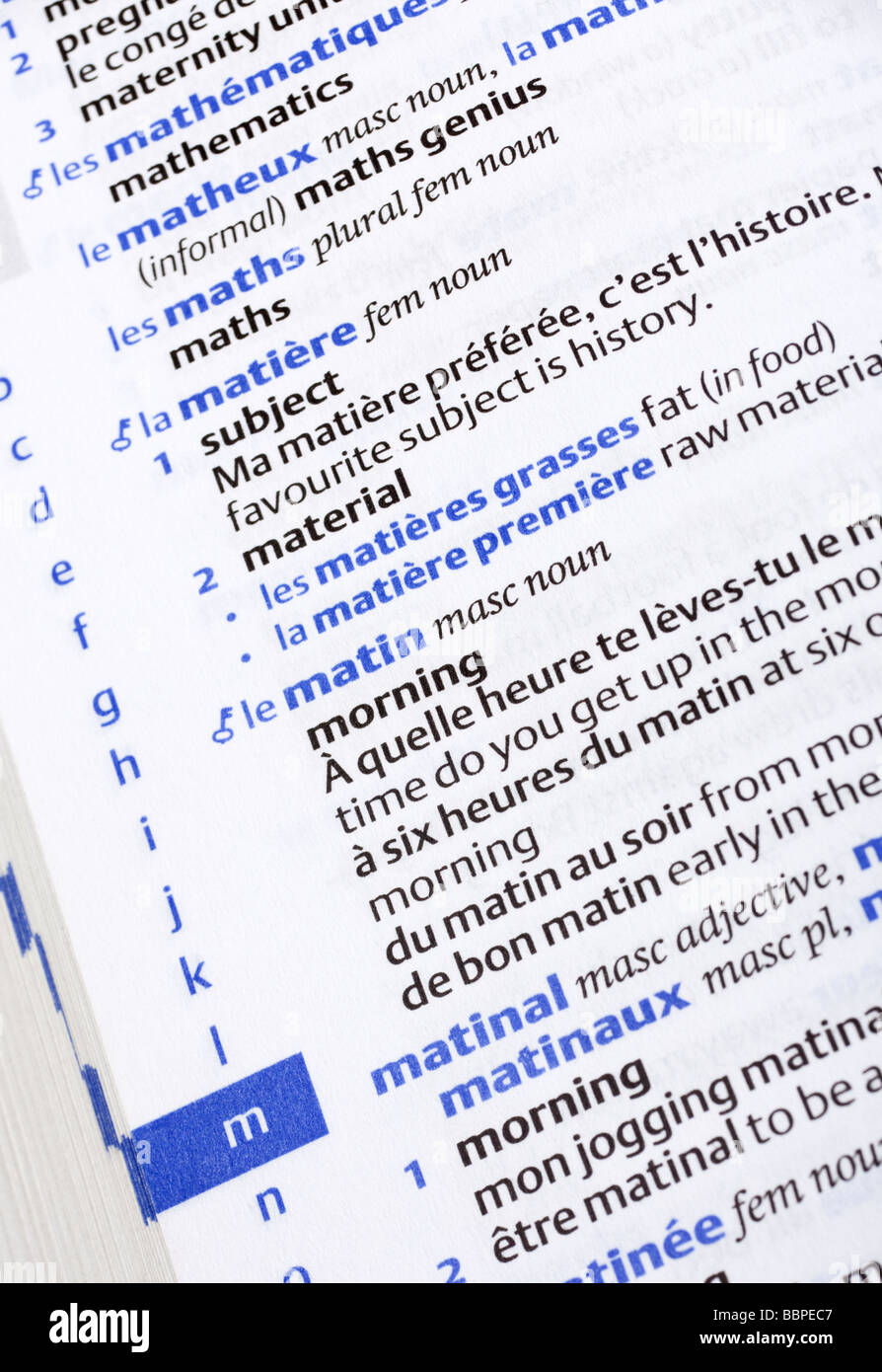 Close up of the page of a French to English language dictionary Stock Photo