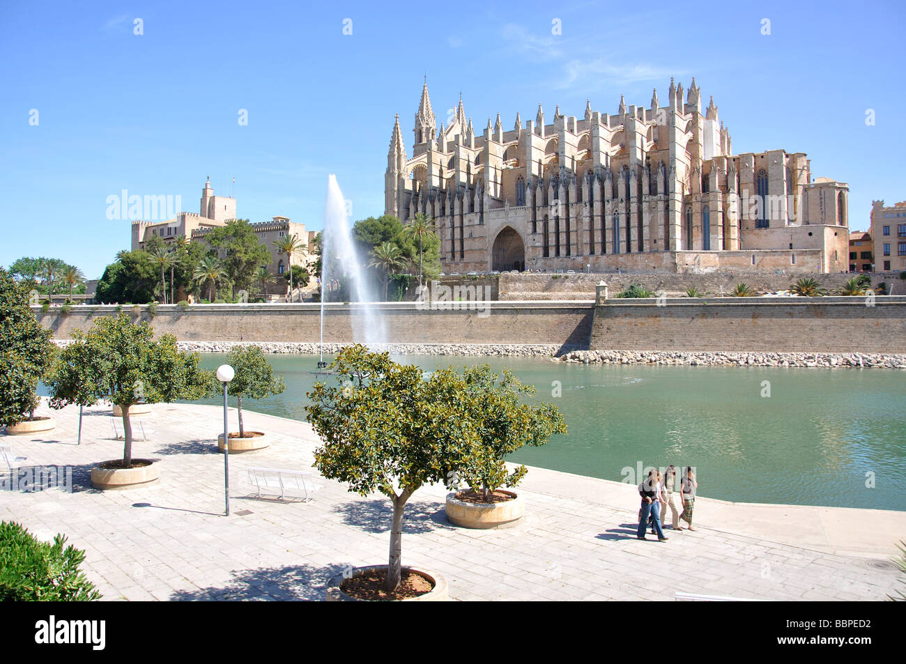 Palma Cathedral from Parc de la Mar, Palma de Mallorca, Mallorca, Balearic Islands, Spain Stock Photo