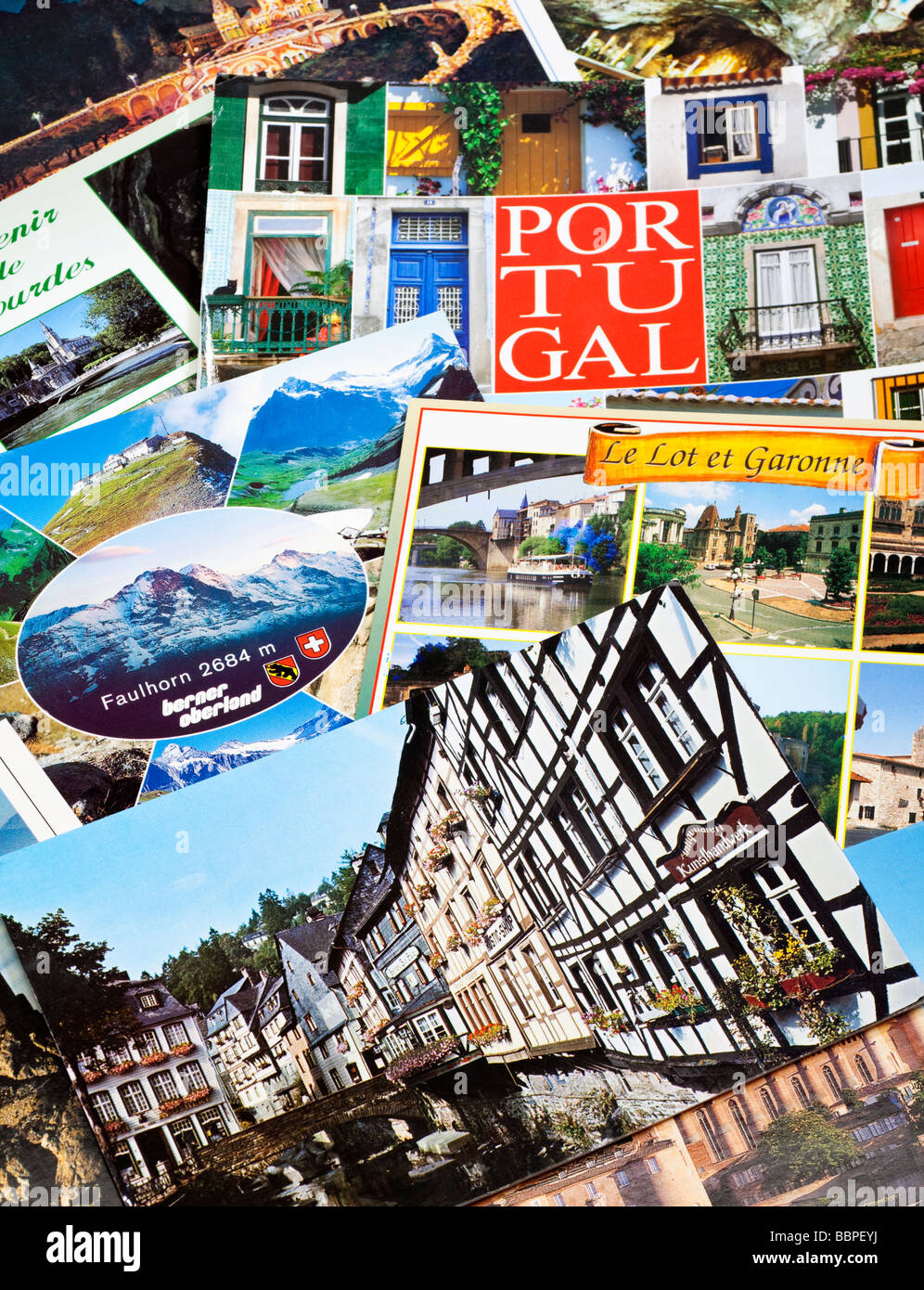 Postcards pile, European travel close up Stock Photo