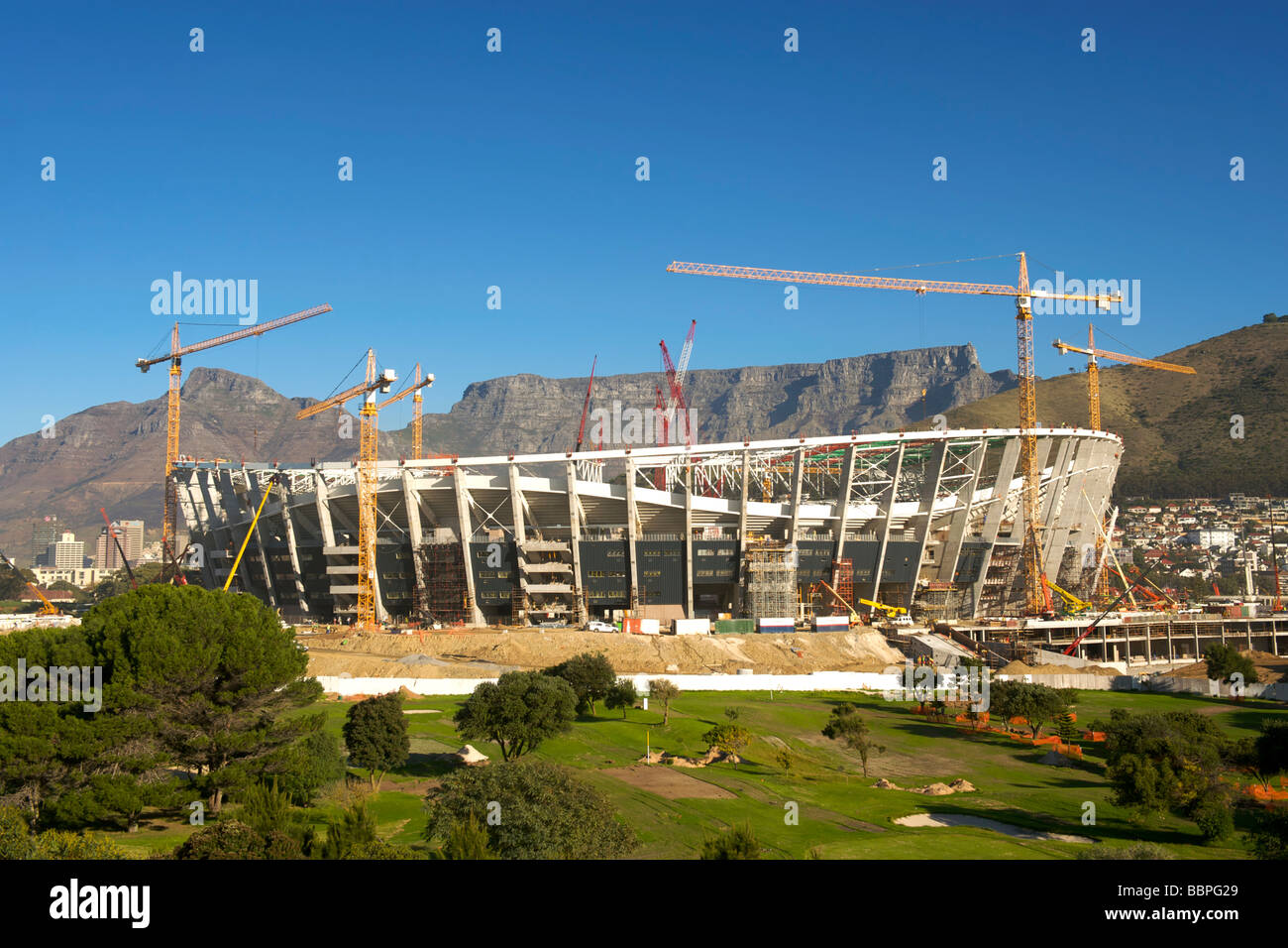 The FIFA 2010 world cup soccer stadium under construction in Green Point, Cape Town with Table Mountain in the background. Stock Photo