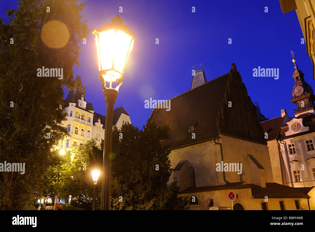 Old New Synagogue Staronova Synagoga at night Jewish Quarter Prague Czech Republic Parizska street Stock Photo