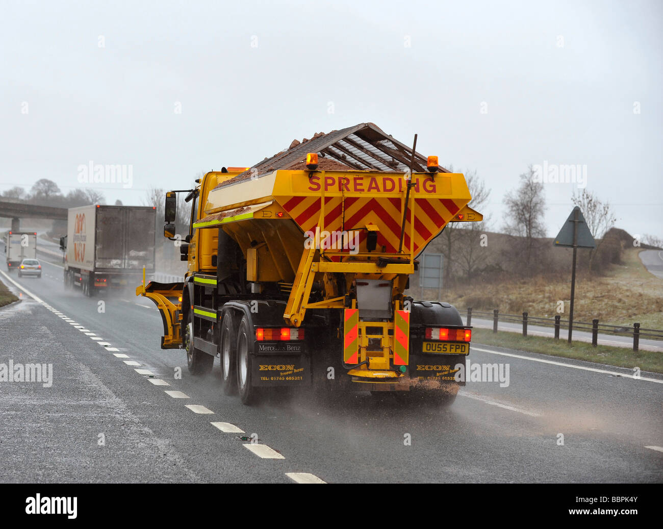 Mercedes gritting spreading gritter truck Stock Photo