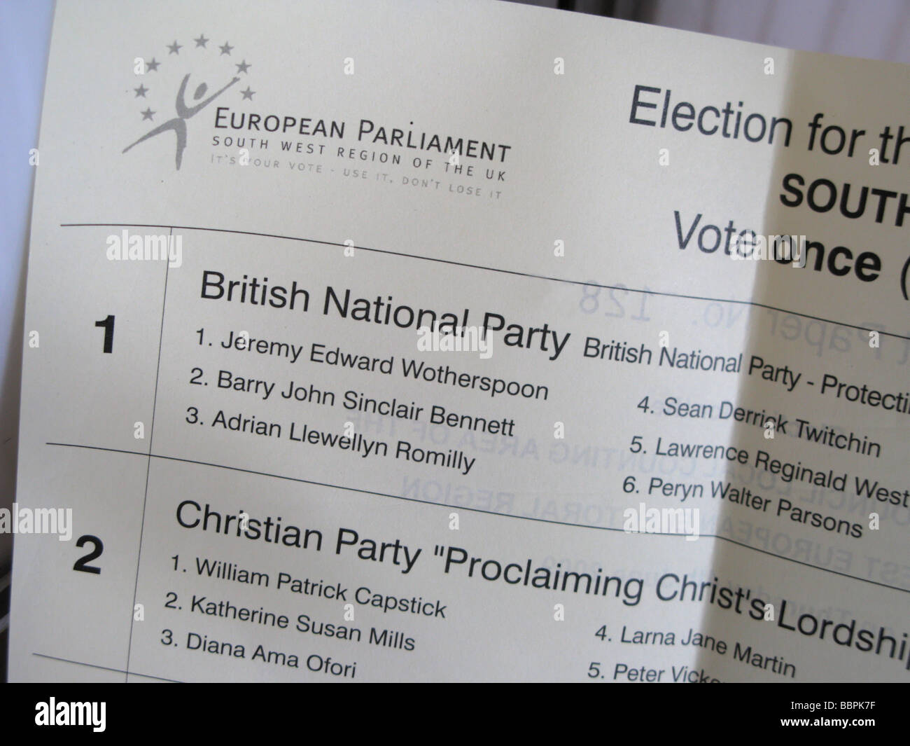 bnp british national party euro election ballot paper for southwest england Stock Photo