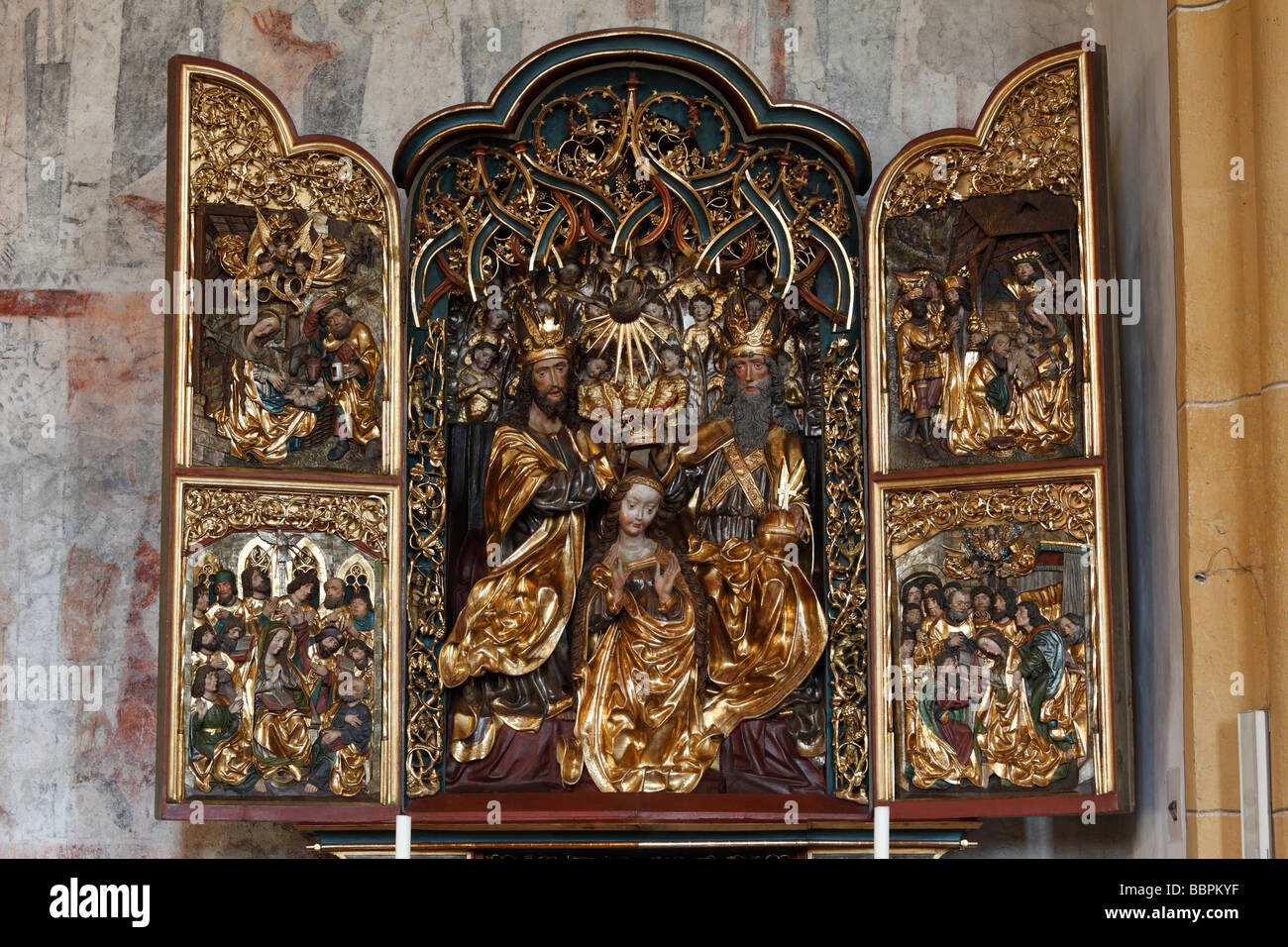Late Gothic wing altar with Coronation of Mary in Maria Gail church near Villach, Carinthia, Austria, Europe Stock Photo