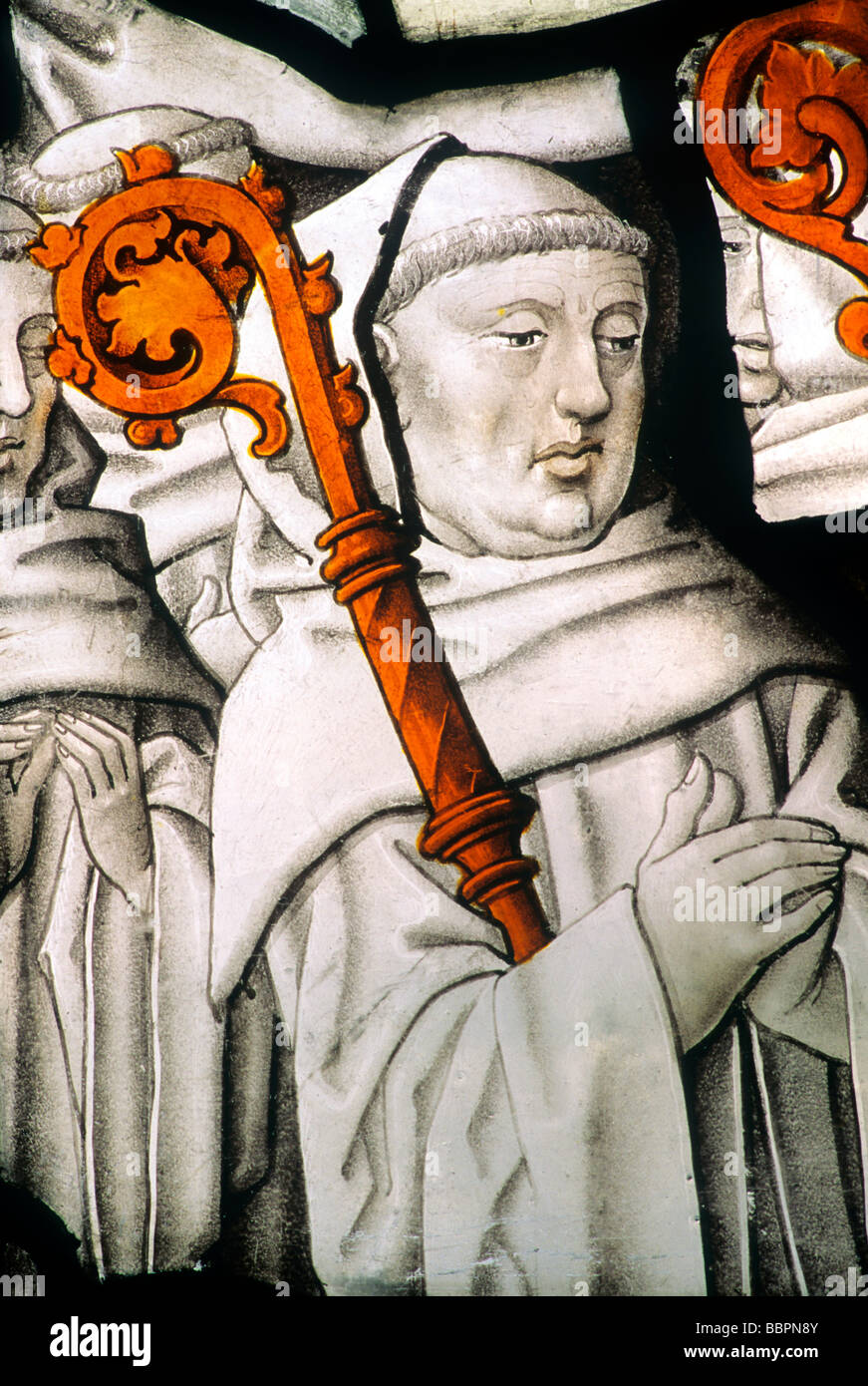 Stained Glass window Abbot with crozier Warham St Mary church Norfolk East Anglia England UK