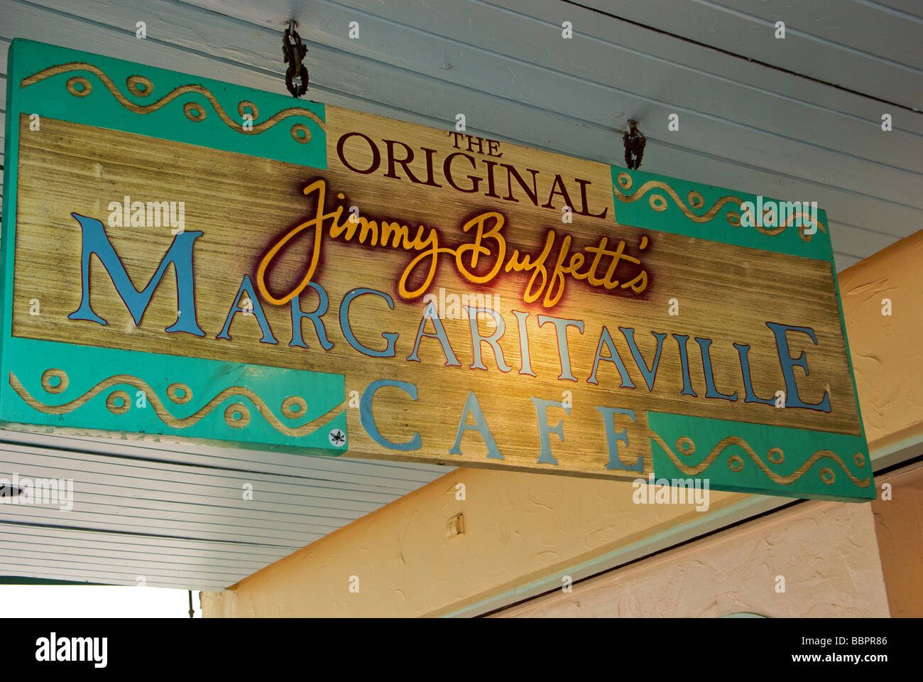 Hanging sign at Jimmy Buffetts Original Margaritaville Cafe 'Key West Florida' Stock Photo