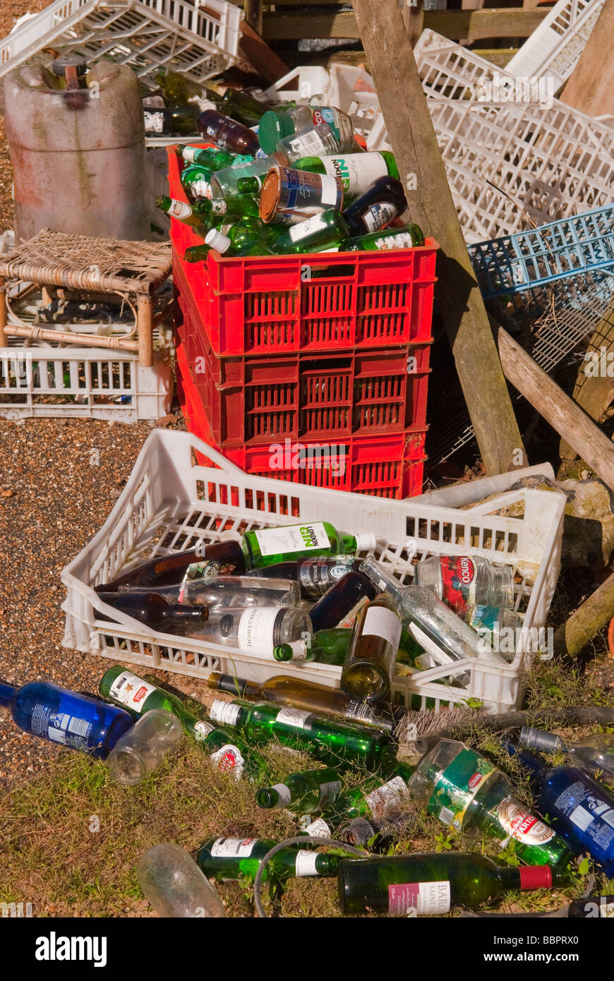 A collection of used alcohol bottles ready for recycling in the Uk