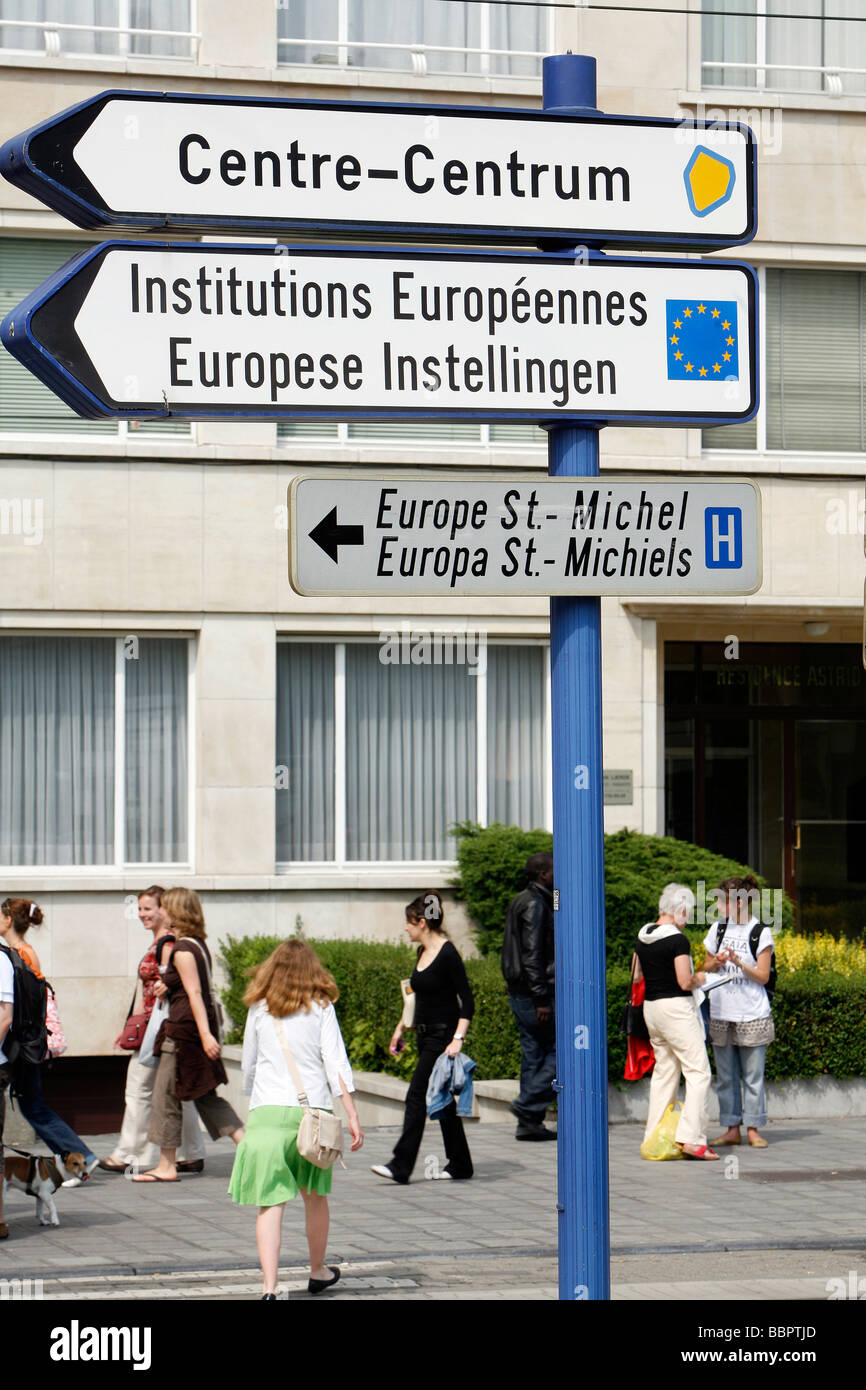 STREET SIGN FOR THE EUROPEAN INSTITUTIONS, BRUSSELS, BELGIUM Stock Photo