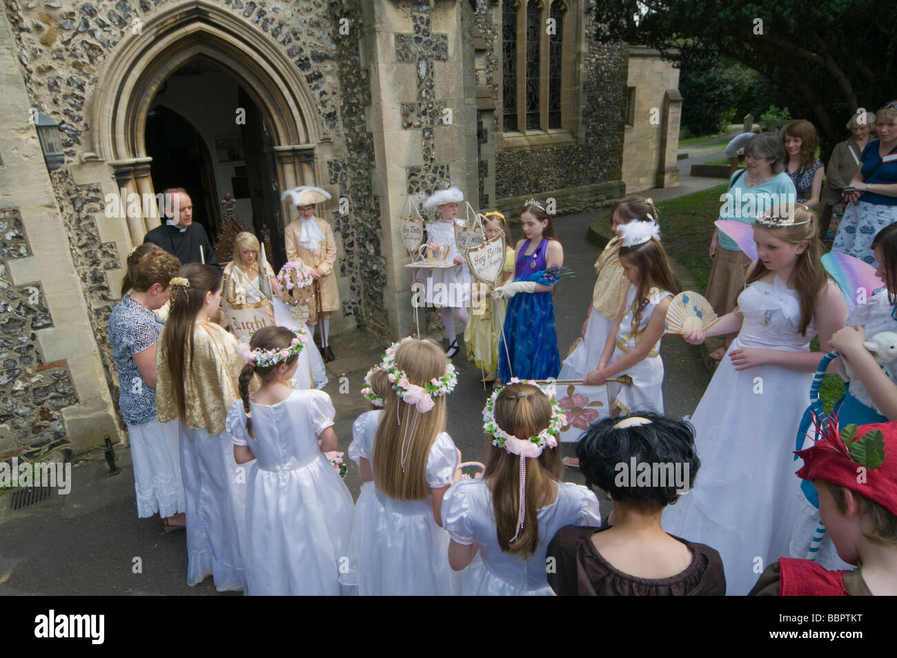 London May Queen, Vicar and Joy Bells outside church, Merrie England