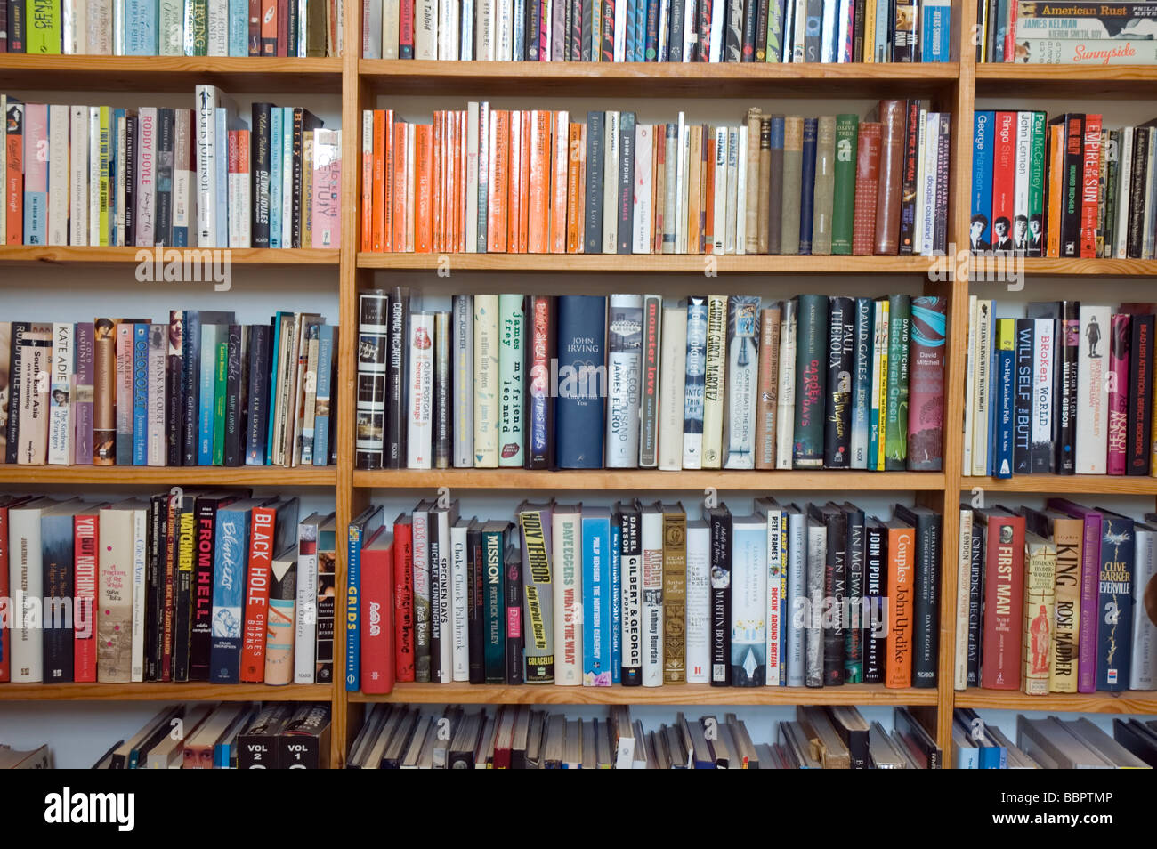 Modern books on rows of bookshelves. Stock Photo