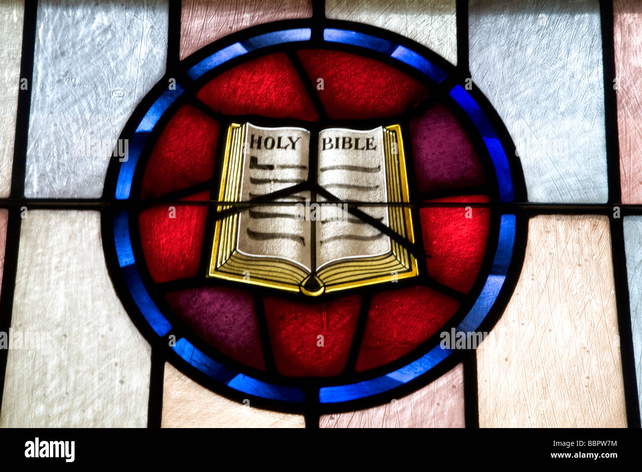 Stained Glass Window Depiction Of Holy Bible At First Methodist Church