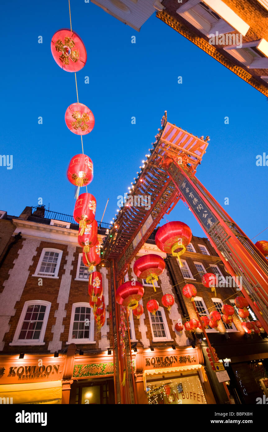 London Chinatown in the evening, decorated with red lanterns, UK Stock Photo