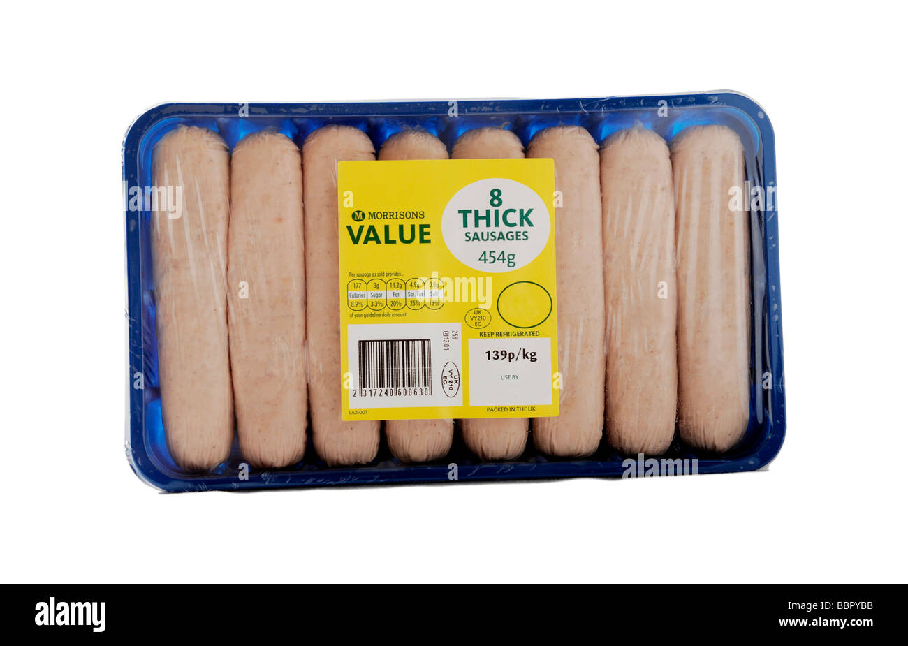 Eight Morrions British port sausages from their value range Stock Photo