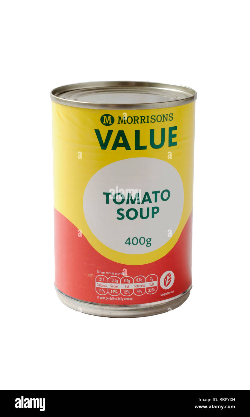Tin can of Morrisons value brand Tomato soup Stock Photo