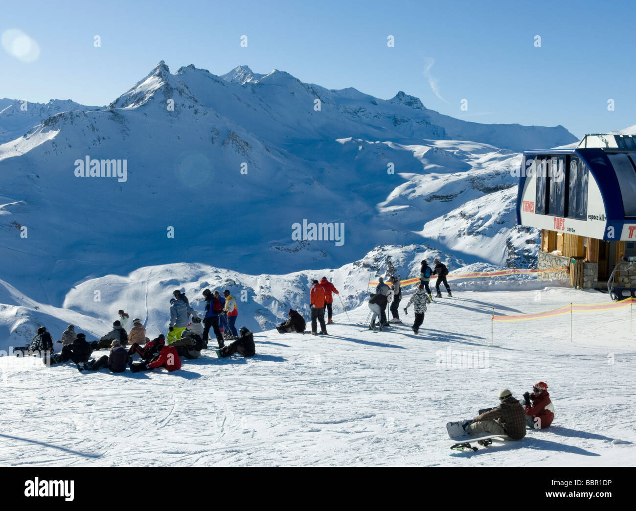 Skiers and Snowboarders Stock Photo