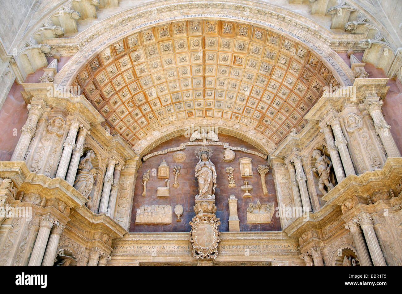Entrance doorway, Palma Cathedral, Palma de Mallorca, Palma Municipality, Mallorca, Balearic Islands, Spain Stock Photo