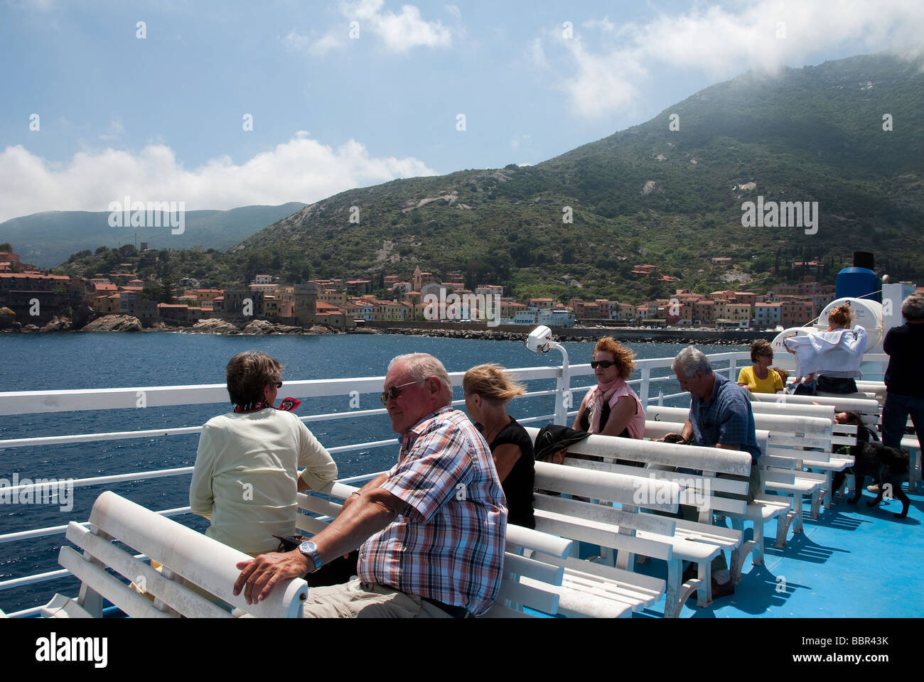 On ther Ferry leaving the Island of Giglio or Isola del Giglio off the Tuscan coast Stock Photo