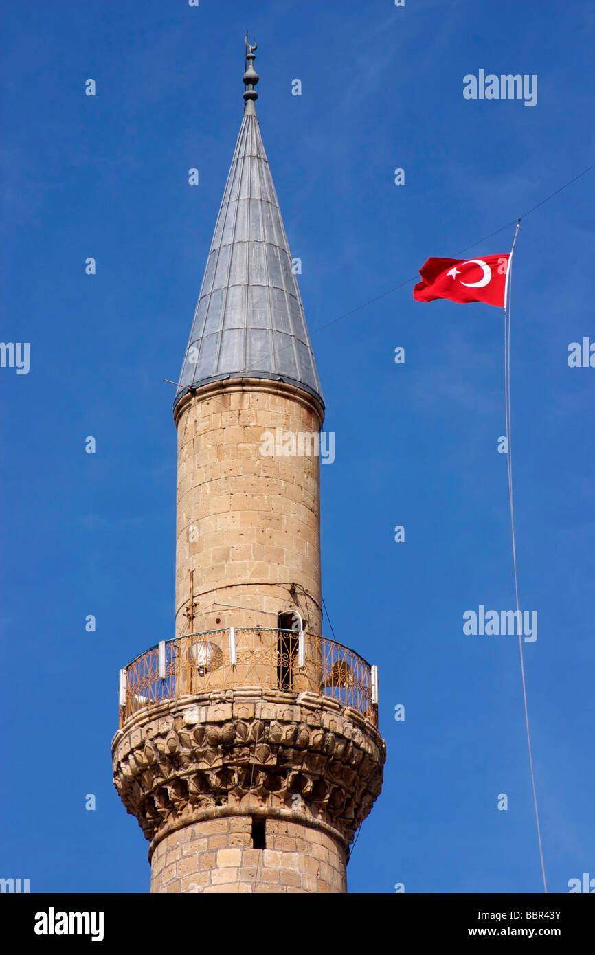 TURKISH MOSQUE IN THE TURKISH PART OF NICOSIA, TURKISH FLAG, NORTH