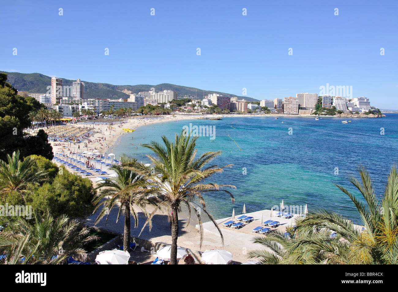 Beach view, Magaluf, Calvia Municipality, Majorca (Mallorca), Balearic Islands, Spain Stock Photo