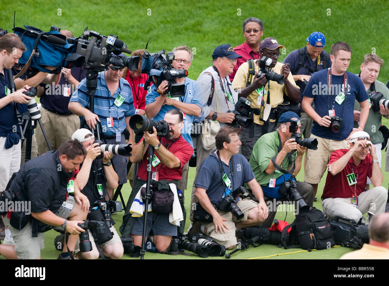 Sports photographers at a professional golf tournament in Cromwell CT USA . The Travelers Championship PGA event Stock Photo