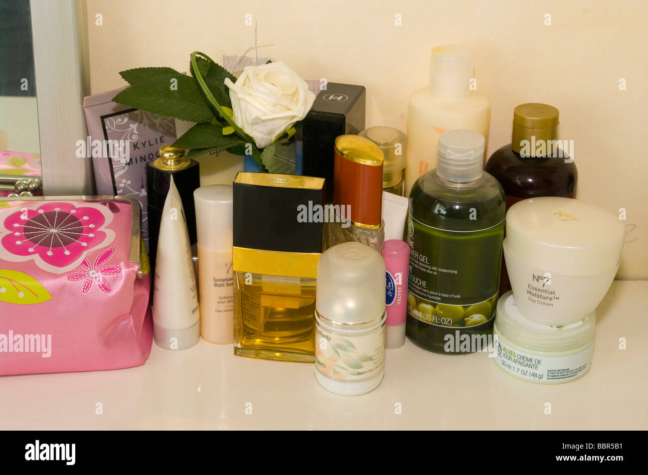 Cosmetics and Perfumes On a Ladies Dressing Table Stock Photo