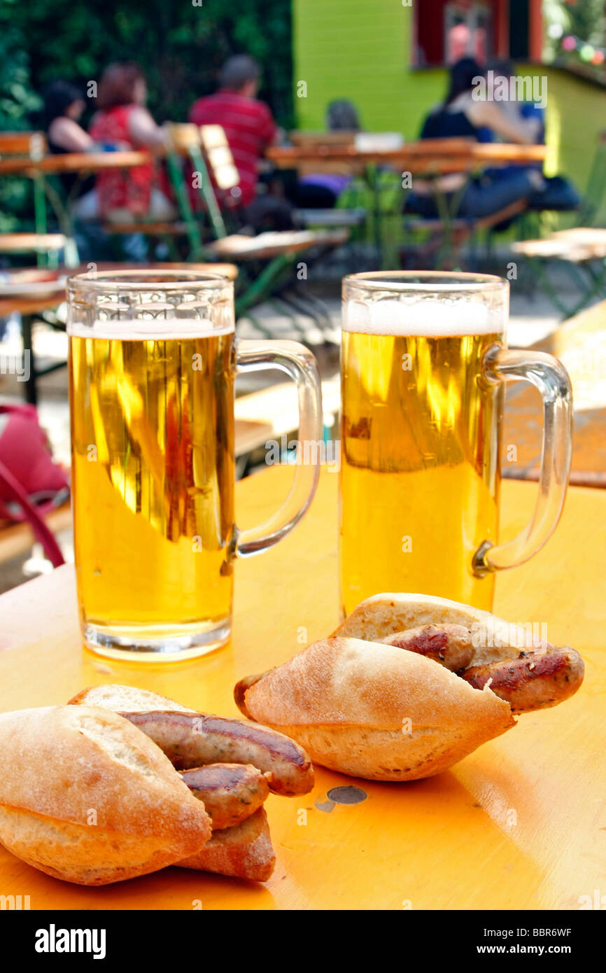WURST, SAUSAGES AND BEER IN A BIERGARTEN, TIERGARTEN, BERLIN, GERMANY