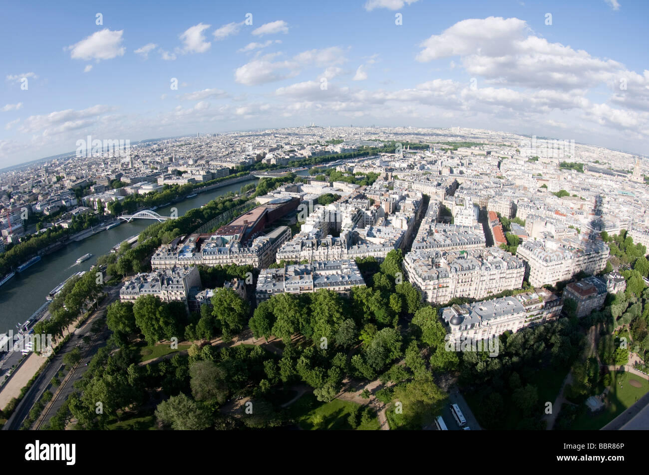 bird s eye view of the city of paris france and the river seine as photographed from the eiffel tower second level Stock Photo