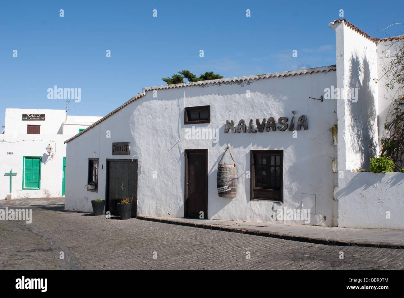 A shop selling Malvasia the typical white wine produced in Lanzarote Teguise Canary Islands Spain Stock Photo