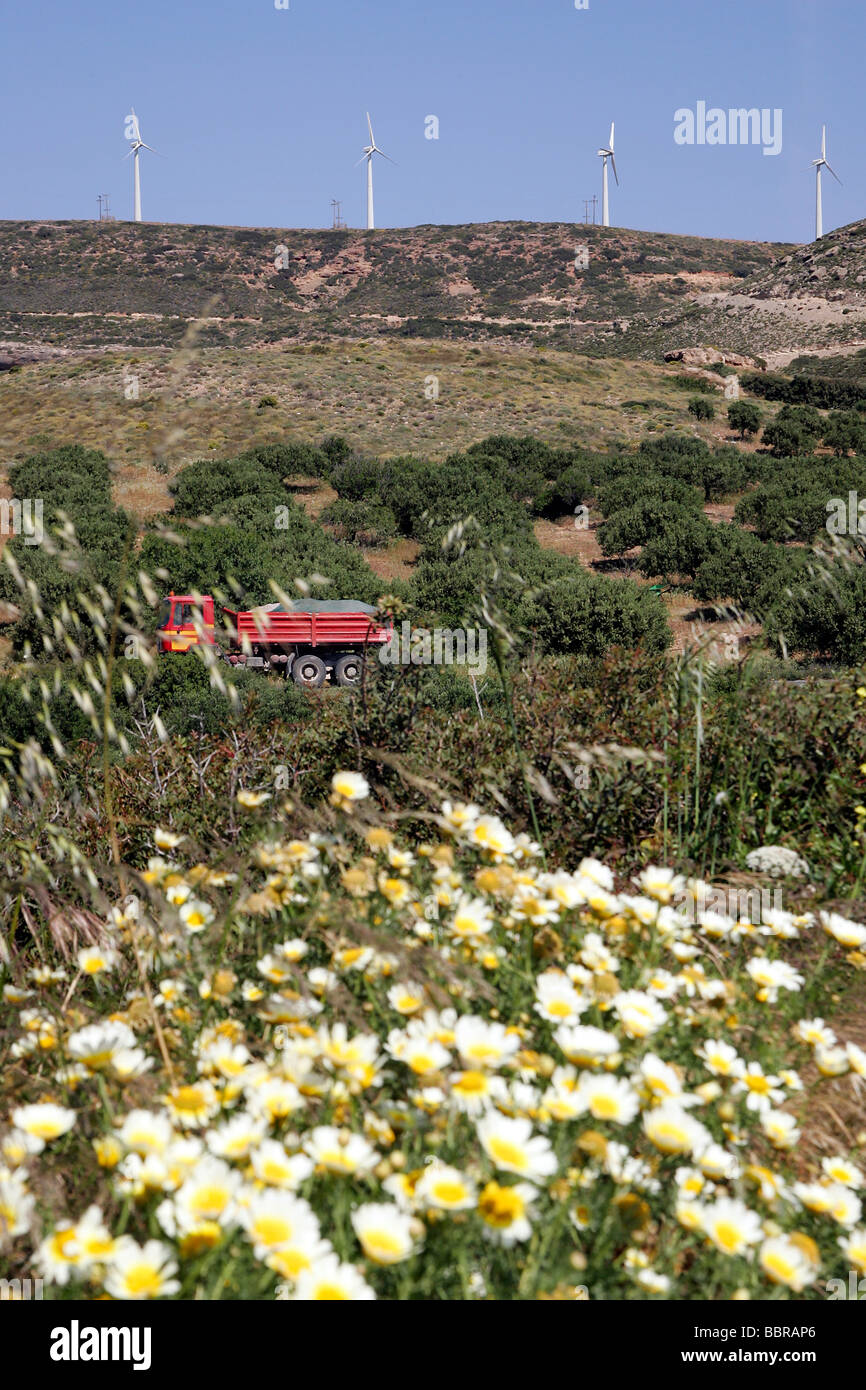 WIND TURBINES AND SPRING LANDSCAPE IN THE REGION OF PALEKASTRO, CRETE, GREECE Stock Photo
