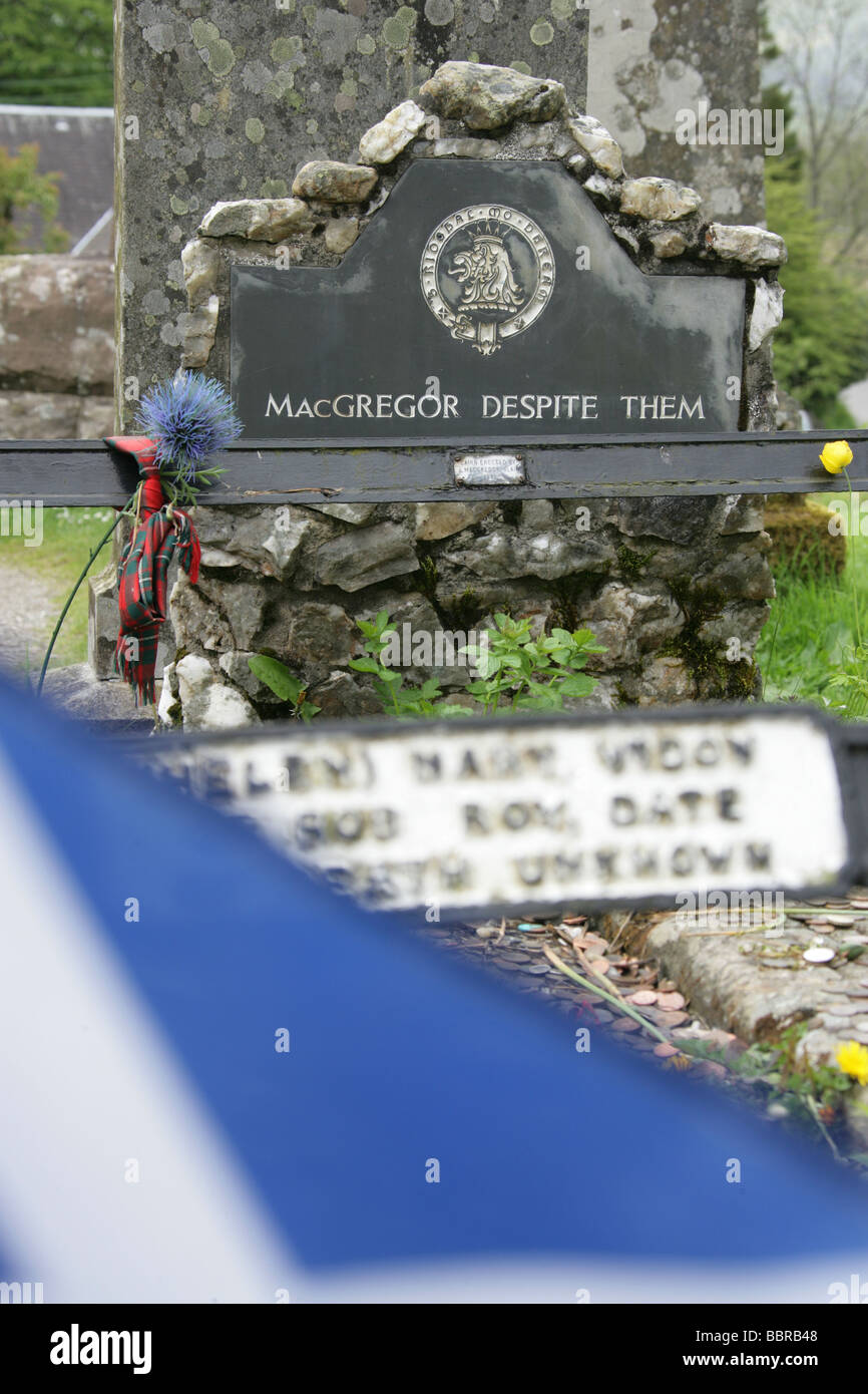 Village of Balquhidder, Scotland. The gravestone of the renowned folk hero and outlaw Rob Roy MacGregor. Stock Photo
