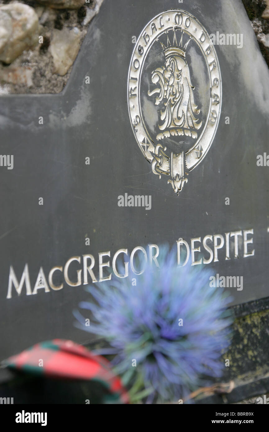 Village of Balquhidder, Scotland. The gravestone of the renowned folk hero and outlaw Rob Roy MacGregor. Stock Photo