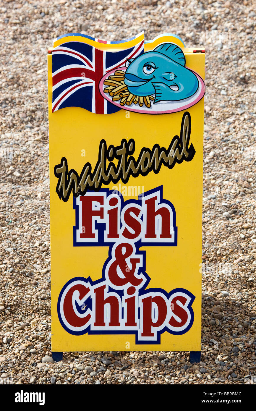 Traditional Fish and Chips Sign on Beach Brighton Stock Photo