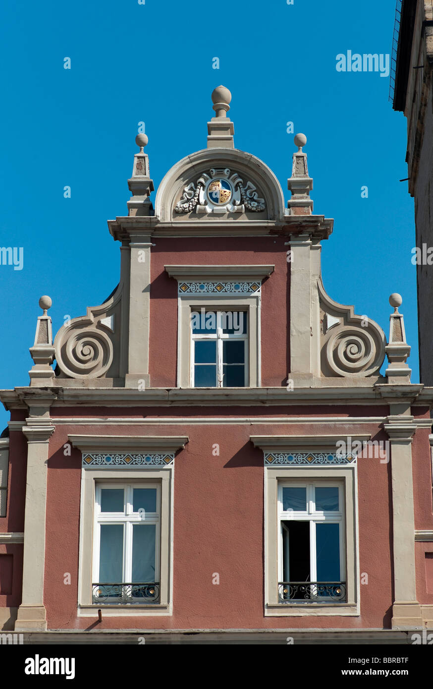 Facade of the Altpoertel Cafe next to the Altpoertel, The Old Gate, former western gate of the city of Speyer, one of the large Stock Photo