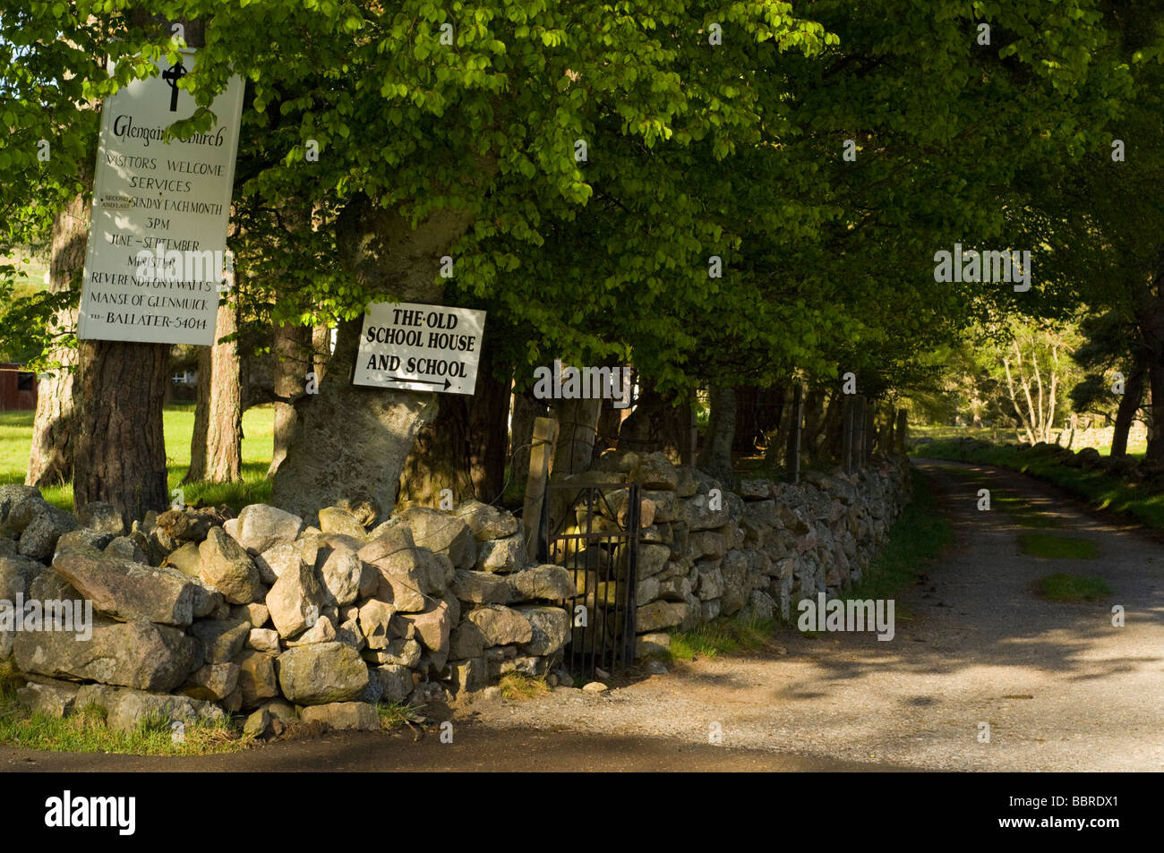 Welcome sign at entrance to Glen Gairn Parish Church and old school house, Scottish Highlands. Stock Photo