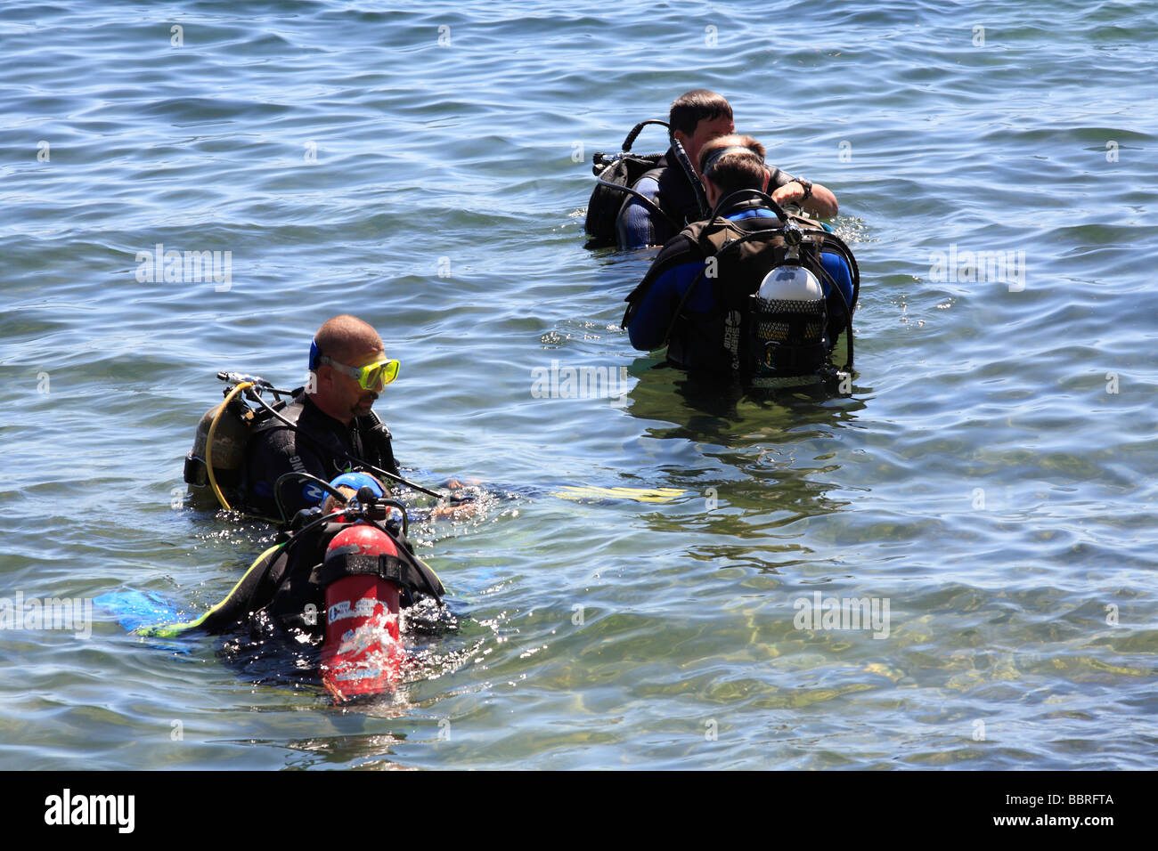 four scuba divers entering the water, Fly Point Aquatic Reserve a