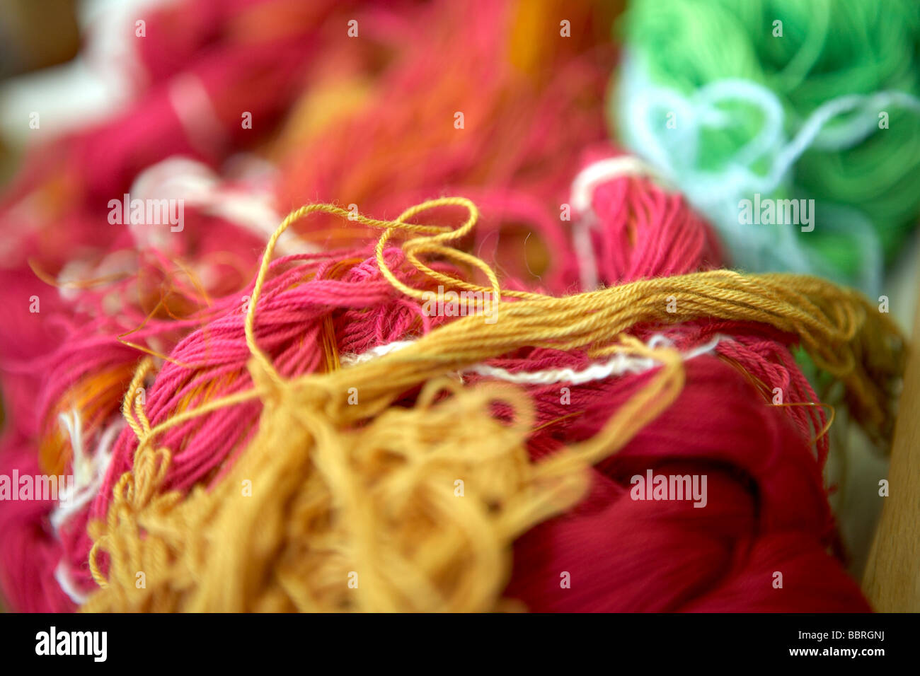 CLOSE UP OF BUNDLES OF WOOL TWINE STRING Stock Photo