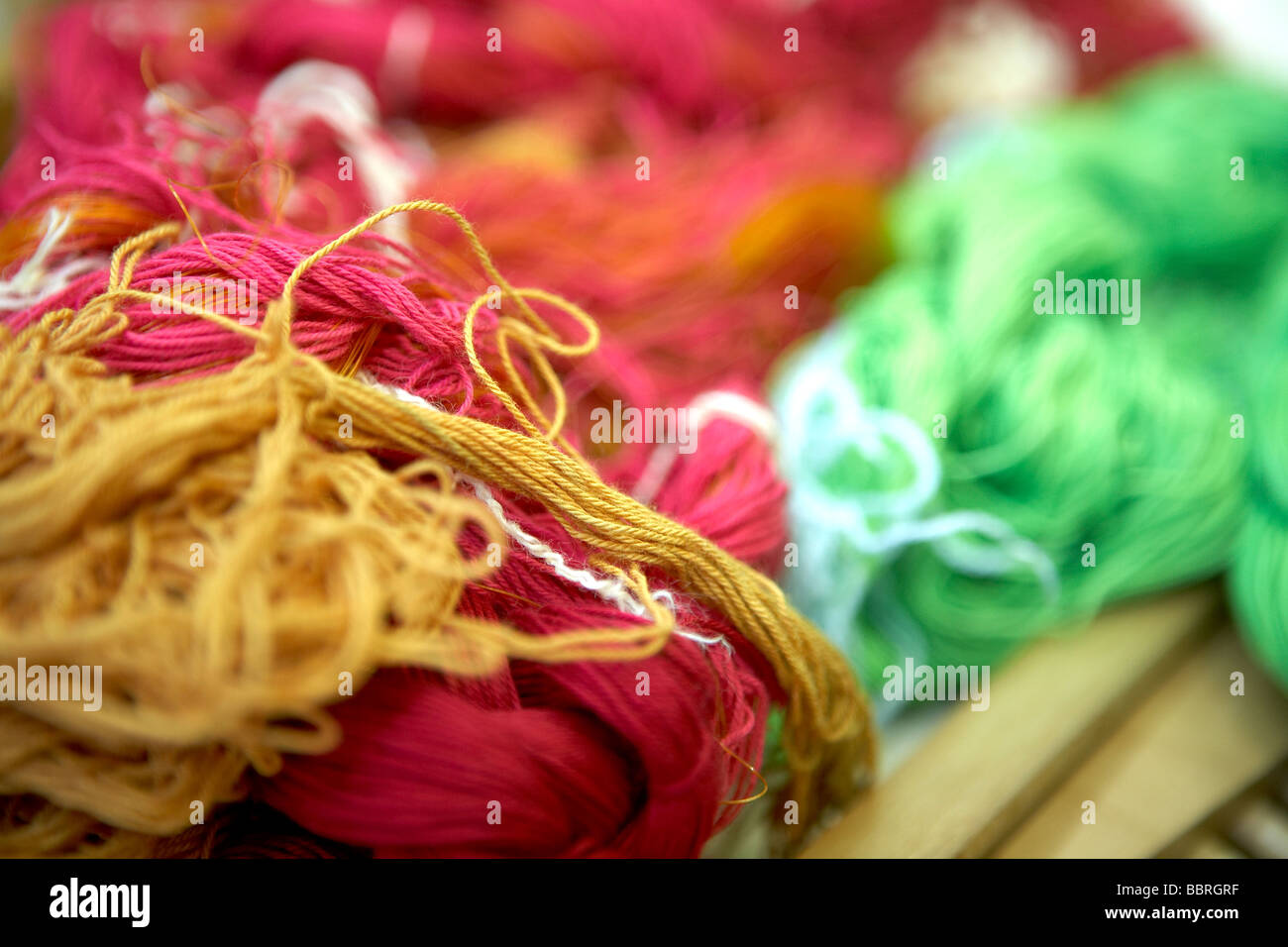 CLOSE UP OF BUNDLES OF WOOL TWINE STRING Stock Photo