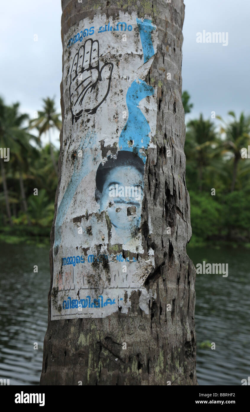 Old political campaign posters stuck to coconut trees in the Alleppey backwaters Stock Photo