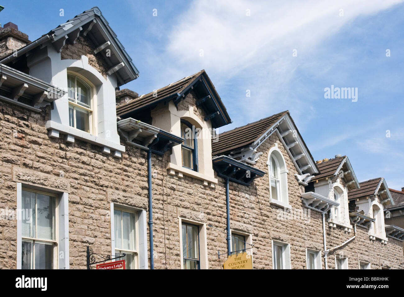 Upper story of Edwardian shops at Grange over Sands in Cumbria Stock Photo