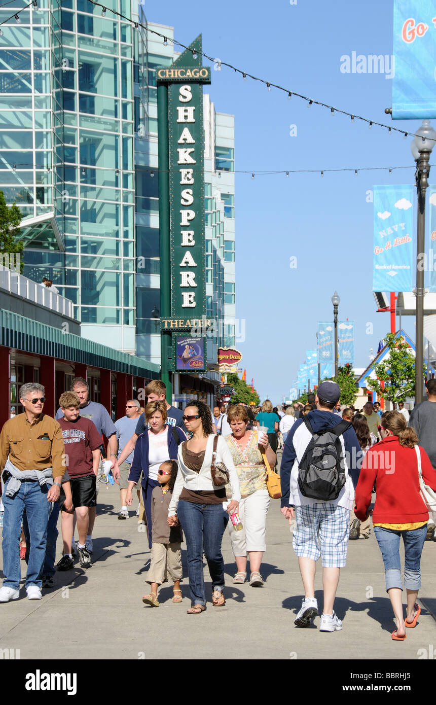 Navy Pier on Lake Michigan Chicago Illinois USA Tourists and the Shakespeare Theater Stock Photo